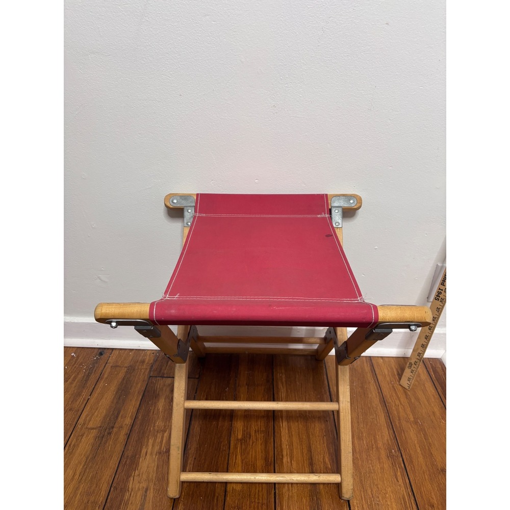Byer of Maine Vintage Folding Wood Stool Red Canvas Seat Portable Camping Chair
